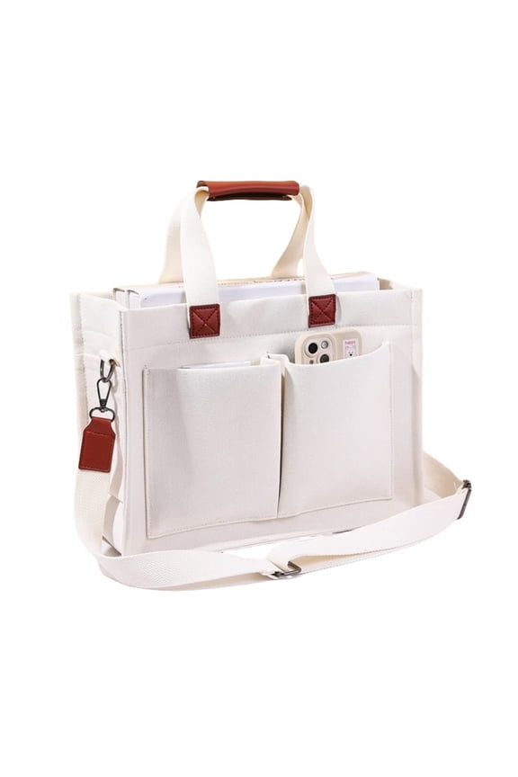 Tote Bag for Women With Compartments,Large Canvas Tote Women's Purse Crossbody Bags Work Laptop Book Bag Satchels Handbags,White