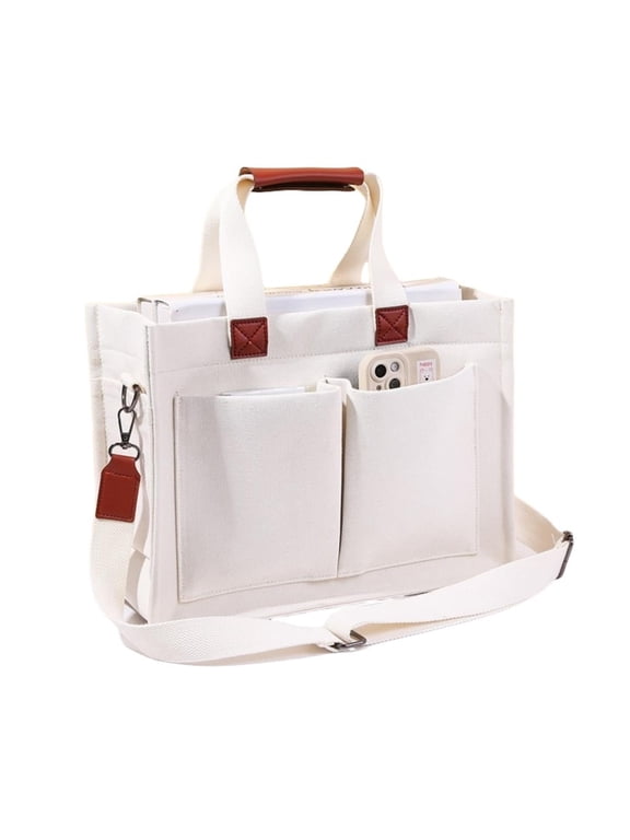 Tote Bag for Women With Compartments,Large Canvas Tote Women's Purse Crossbody Bags Work Laptop Book Bag Satchels Handbags,White