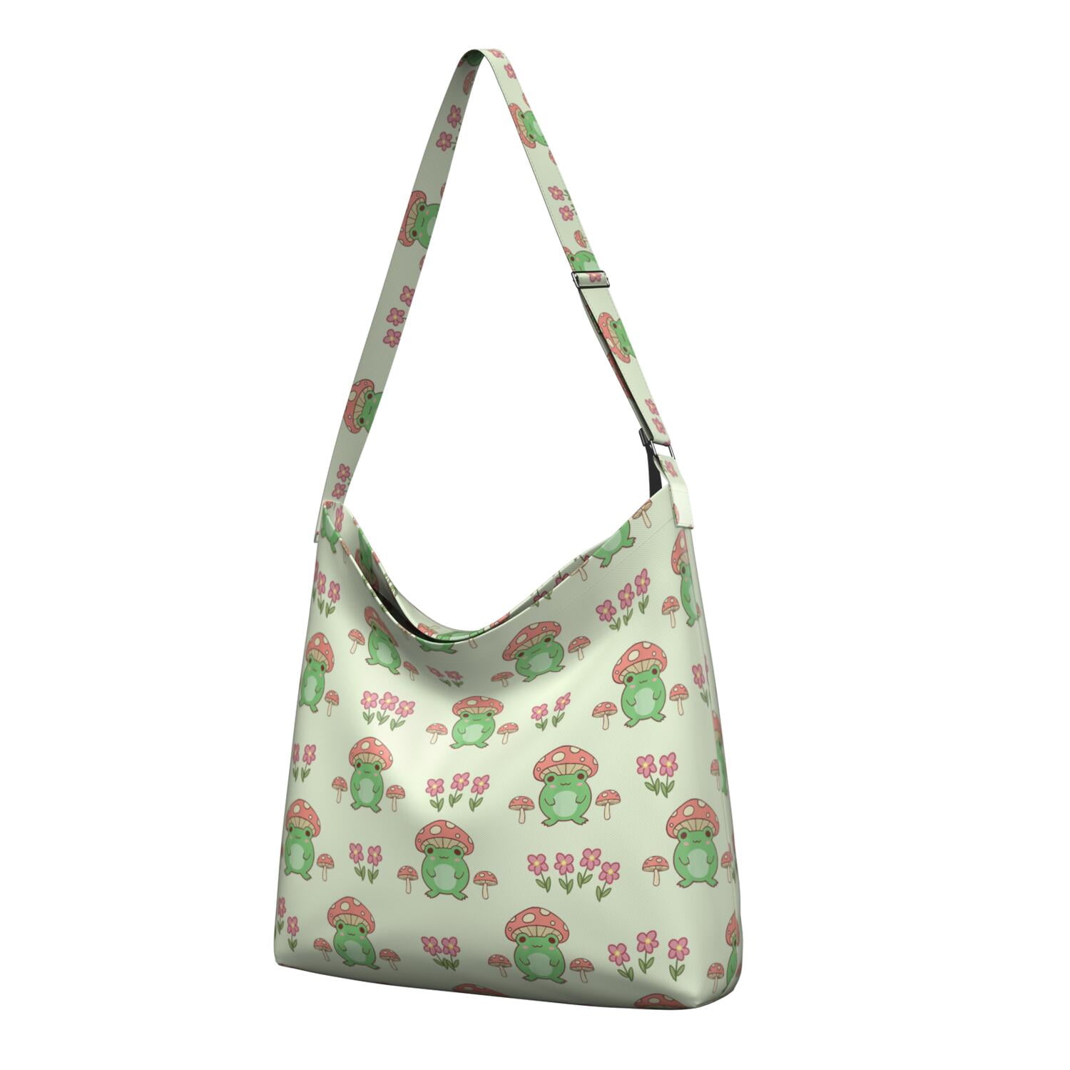 Canvas Tote Bag with Cartoon Green Frog and Forest Plant Print – Cute ...