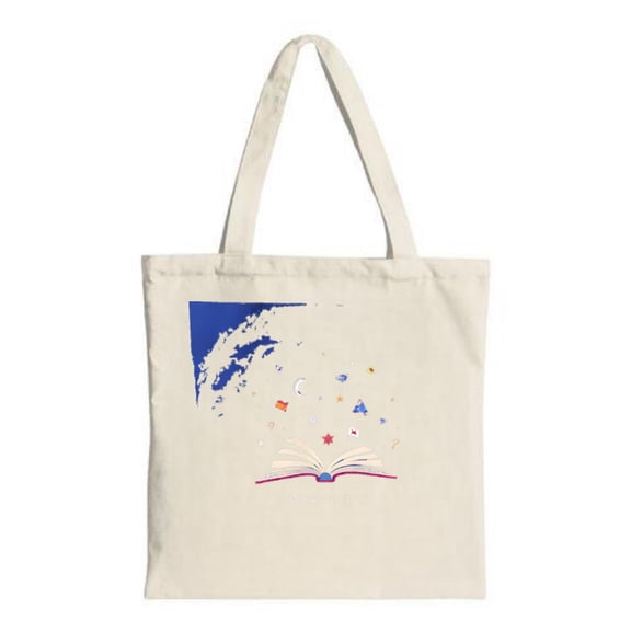 Canvas Tote Bag with Celestial Design: Open book colorful stars & moons blue cloud mountain shape Perfect for shopping & travel