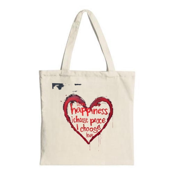 Canvas Tote Bag with Large Red Heart Design " Happiness Choose Peace I Choose Love " in Dripping Red Perfect for Shopping & Travel