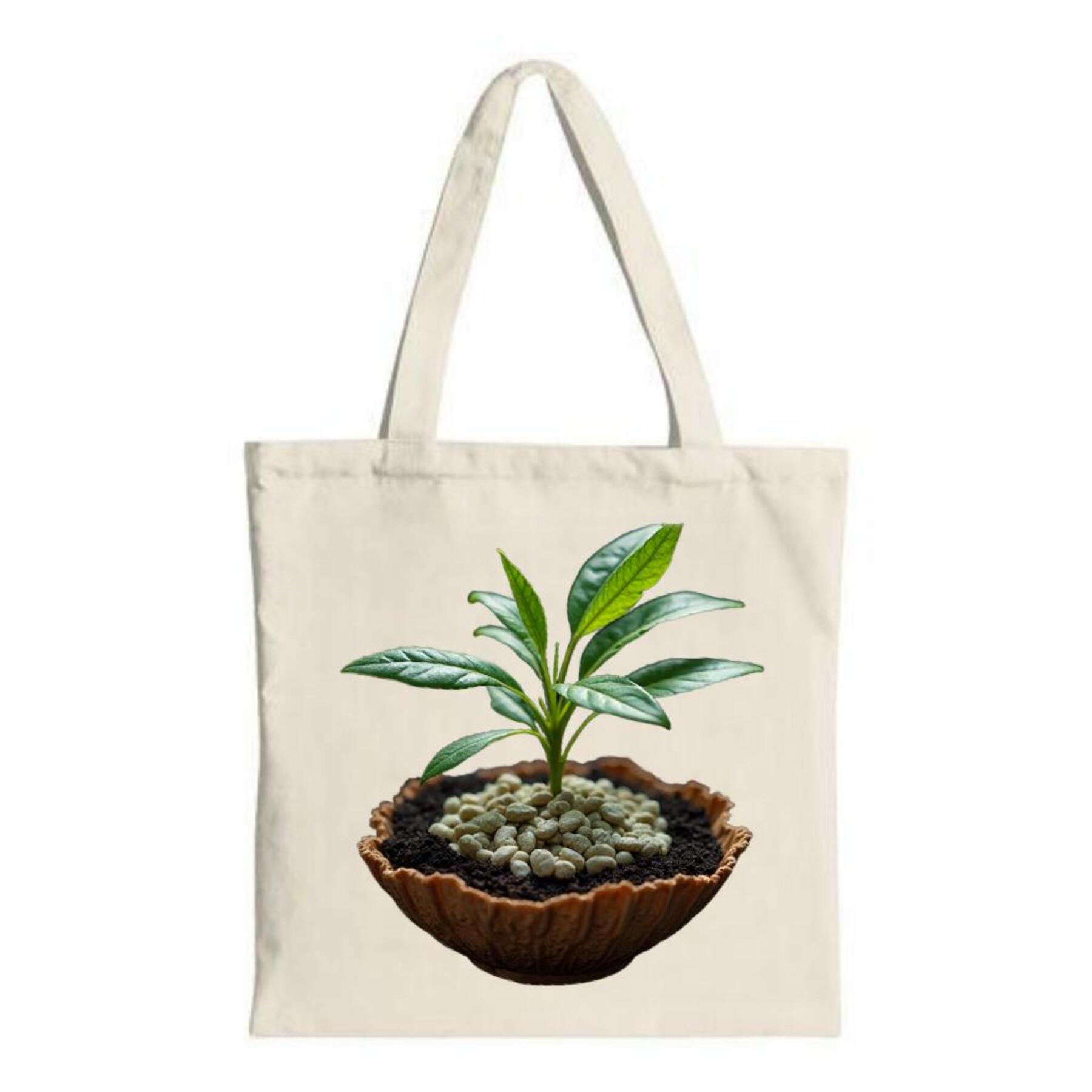 Canvas Tote Bag with Minimalist Potted Plant Design Green Leaves ...