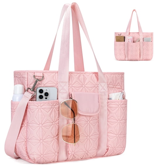 Canvas Tote Bag with Multi Pockets, Kabaqoo Crossbody Tote Bag for Women, Large Shoulder Handbag with Compartments, Pink