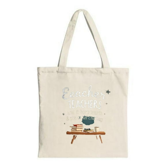 Canvas Tote Bag with Wooden Table Design Books - " Teacher Teachers you inspire us to learn & grow " Perfect for shopping & travel