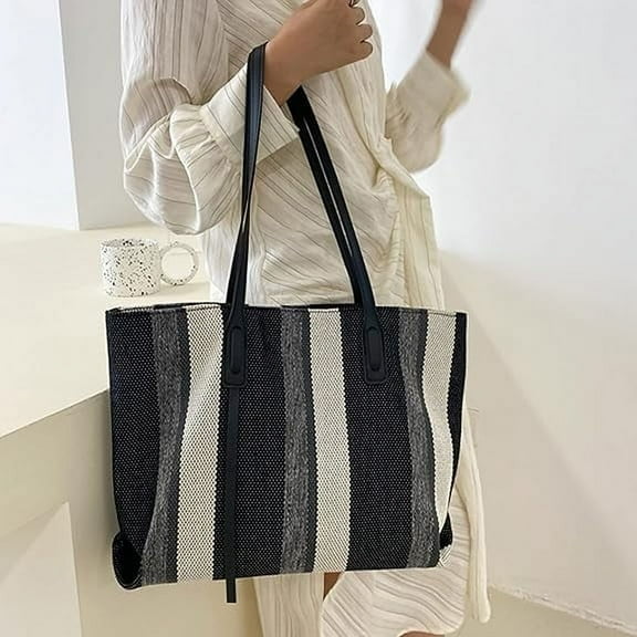 Canvas Tote Bags for Women, Casual Large Capacity Handbag with Leather Strap and Zipper, Simple Vertical Stripe Style Durable Handbag for Dating, Working and Shopping, Black
