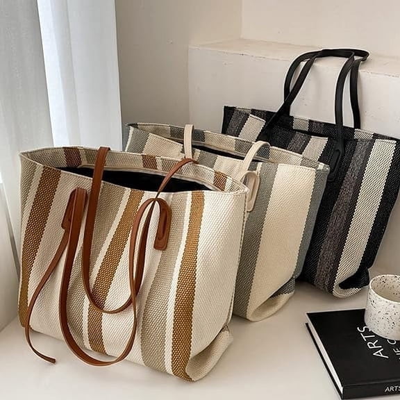 Canvas Tote Bags for Women, Casual Large Capacity Handbag with Leather Strap and Zipper, Simple Vertical Stripe Style Durable Handbag for Dating, Working and Shopping, Black
