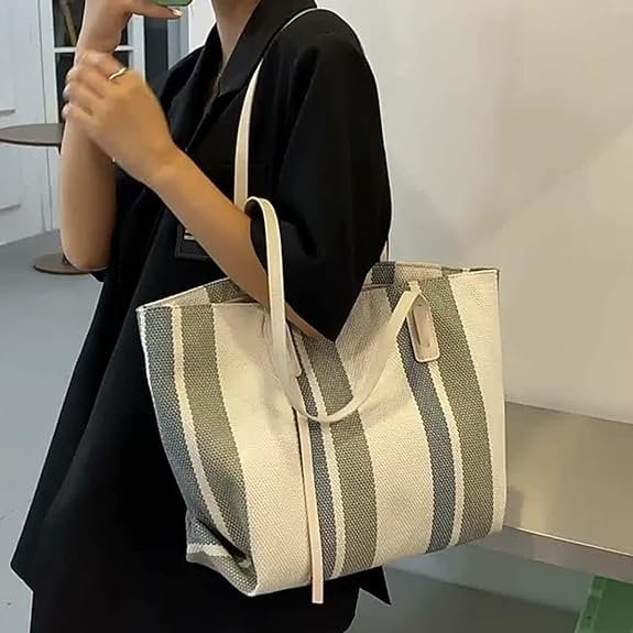 Canvas Tote Bags for Women, Casual Large Capacity Handbag with Leather Strap and Zipper, Simple Vertical Stripe Style Durable Handbag for Dating, Working and Shopping, White