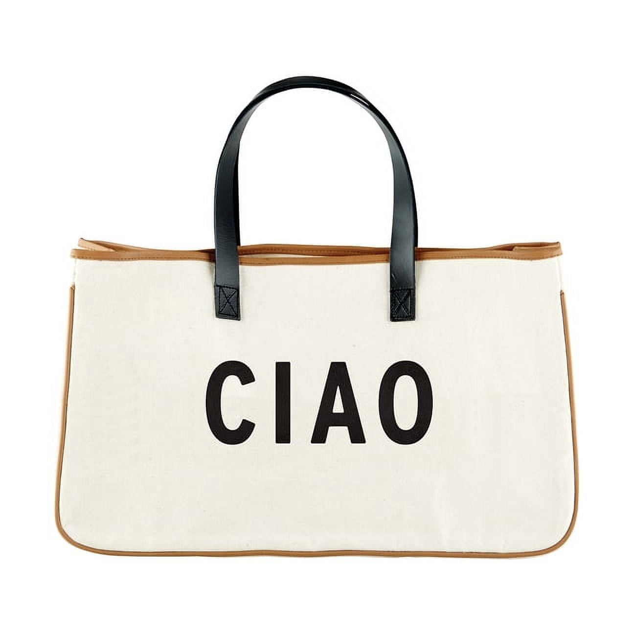 Ciao Black and White Cotton Canvas Tote with Leather Handles