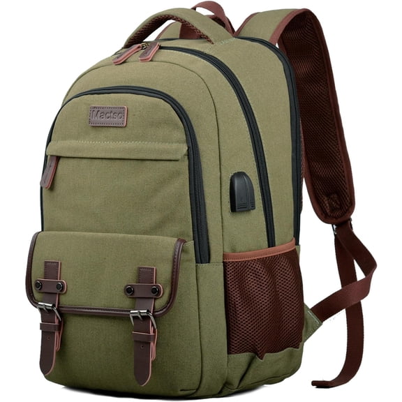 Canvas Travel Laptop Backpack for Men Women, Business Work Rucksack College Computer Bag Fits 17.3 Inch Notebook,Bookbag with USB Charging Port (Green, 17.3 Inch)