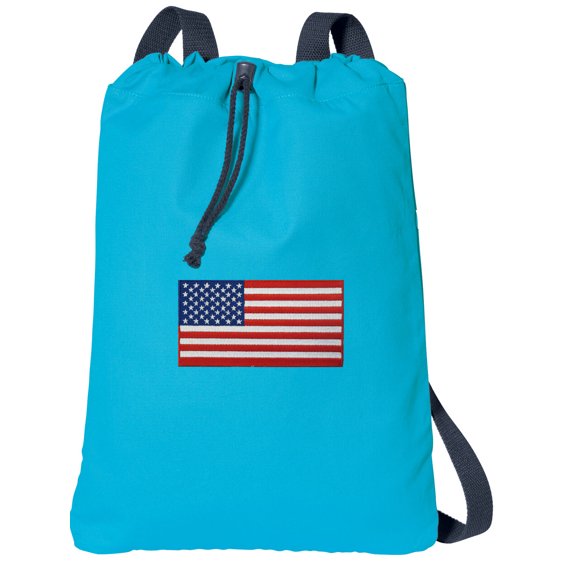 Canvas USA Flag Drawstring Backpack Aqua Natural Cotton American Flag Cinch Bag with Wide Straps