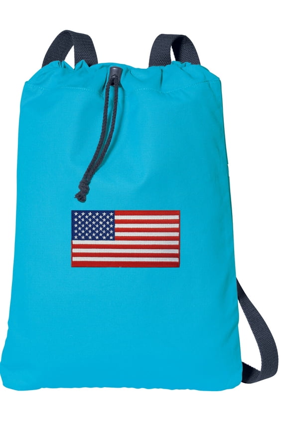 Canvas USA Flag Drawstring Backpack Aqua Natural Cotton American Flag Cinch Bag with Wide Straps