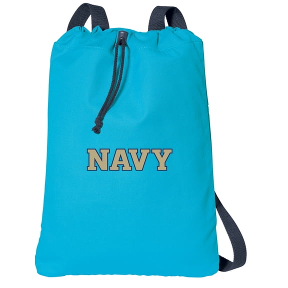 Canvas USNA Navy Drawstring Backpack Aqua Natural Cotton Naval Academy Cinch Bag with Wide Straps