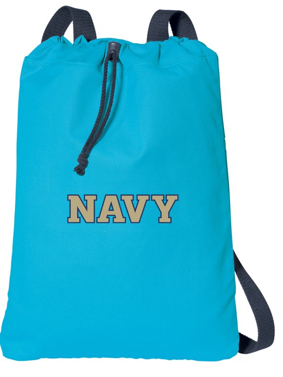 Canvas USNA Navy Drawstring Backpack Aqua Natural Cotton Naval Academy Cinch Bag with Wide Straps