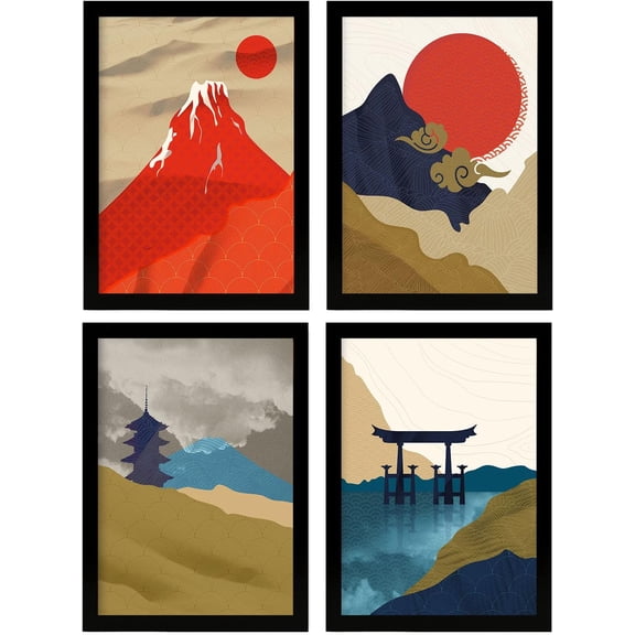 Canvas Unframed Poster Set of 4 posters from Japan, temples, foils and illustrations with oriental aesthetics, interior design and decoration, A4 without frame.