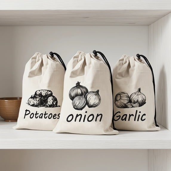 Canvas Vegetable Storage Bags Cotton Storage Bags for Potato, Onion & Garlic Reusable Drawstring Produce Bags Breathable, Eco-Friendly, Washable
