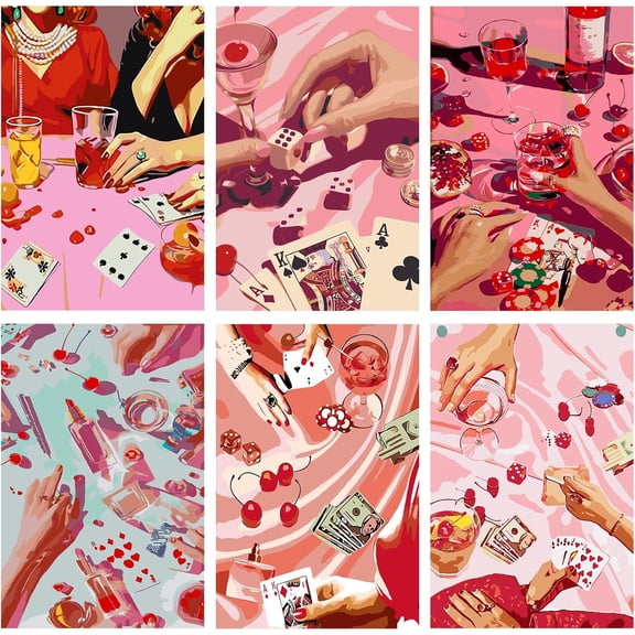 Canvas Vintage Poker Paint by Numbers Kit Adults, Adults Pink Table Painting by Number Kits on Canvas, Easy Acrylic Arts Crafts Beginners for Gifts 8x10 inch Unframed