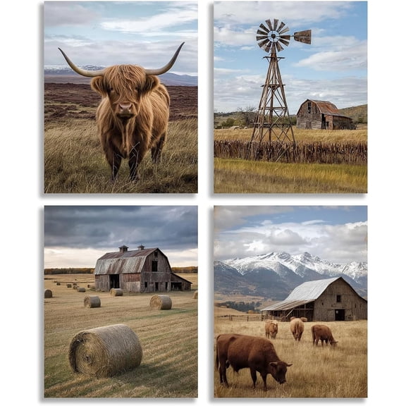 Canvas Vintage Rustic Farmhouse Wall Art for Western Decor, Countryside Landscape Wall Art, Windmill Barn Highland Cow Canvas Prints for Bedroom Man Cave Home Decor, Set of 4 8x10 inch Unframed