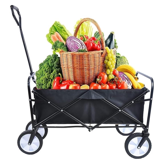 Canvas Wagon with Wheels Foldable, Collapsible Heavy Duty Utility Cart for Outdoor Camping Beach Garden Grocery - Black