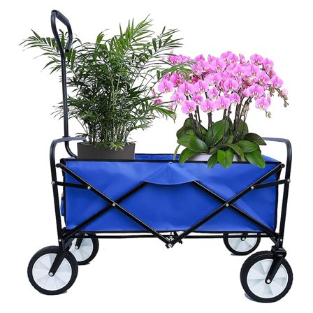 Canvas Wagon with Wheels Foldable, Heavy Duty Utility Cart for Outdoor Camping Beach Garden Grocery - Collapsible Wagon with Cup Holders (Blue)
