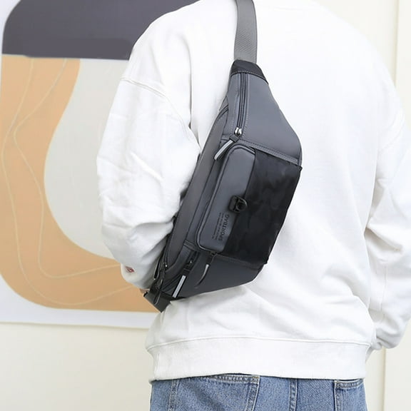 Canvas Waist Bag for Men, Large-Capacity Sports Chest Bag with USB Charging, Black Gray Blue Green, 15.74x5.11x3.54in, Waterproof & Anti-Theft