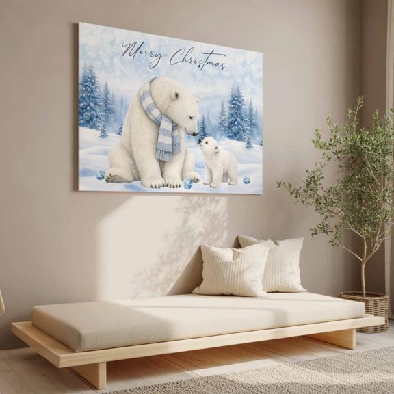 Canvas Wall Art 12"x8", Merry Christmas Tree Polar Bear Waterproof Framed Canvas Wall Art Cute Oil Paintings Artwork for Living Room Bedroom Home Office