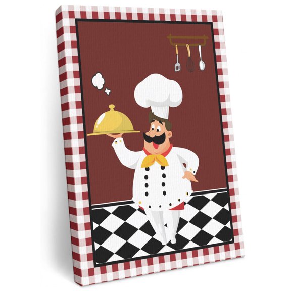 Canvas Wall Art 24x36 Inch,Funny Chef Kitchen Tableware Framed Canvas Painting Print Posters,Ready to Hang,Burgundy Red Black Lattice Wall Decor for Living Room Bedroom Office