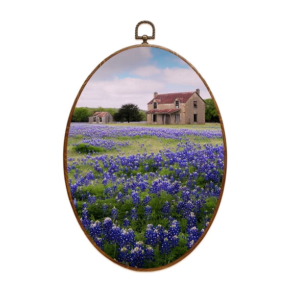 Canvas Wall Art Abandoned Farmhouse field Bluebonnets Oval Framed Canvas Prints Vintage Wall Hanging Decor for Home Decorations 8.6"x11.4"