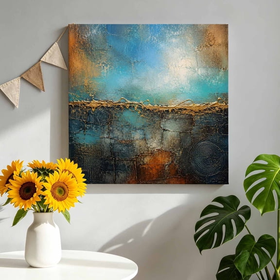Canvas Wall Art Abstract Canvas Art Print Blue Gray Textured Landscape Industrial Boho Rustic Pictures Wall Decor for Living Room Bedroom Artwork Decorations Stretched Framed Ready to Hang 8"x8"