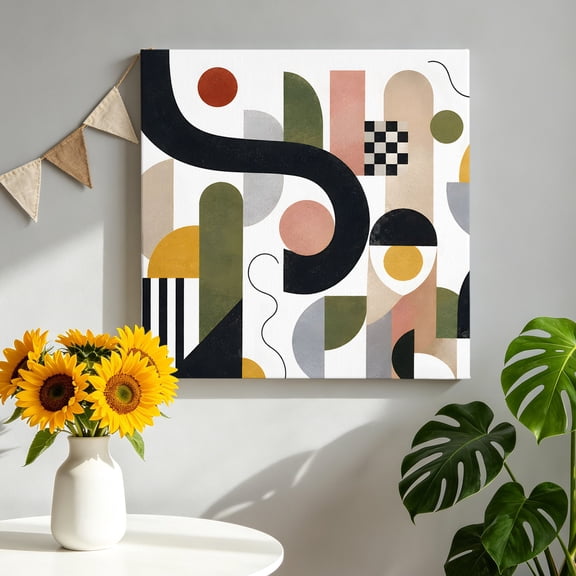 Canvas Wall Art Abstract Color Block Canvas Art Print Modern Black Pink Green Circle Arch Forms Pictures Wall Decor for Living Room Bedroom Artwork Decorations Stretched Framed Ready to Hang 8"x8"