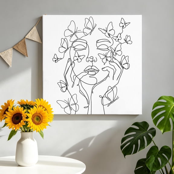 Canvas Wall Art Abstract Face Canvas Art Print Black Lines Women Face Floral Butterfly Silhouette Art Wall Decor for Living Room Bedroom Artwork Decorations Stretched Framed Ready to Hang 8"x8"