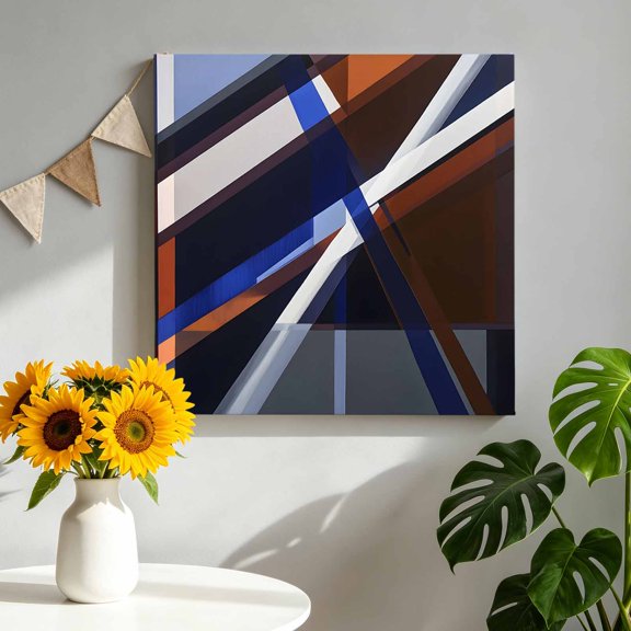 Canvas Wall Art Abstract Geometric Stripe Canvas Art Print Modern Navy Orange White Crossed Lines Pictures Wall Decor for Living Room Bedroom Artwork Decorations Stretched Framed Ready to Hang 8"x8"