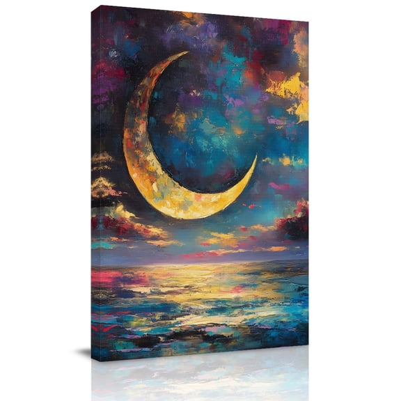 Canvas Wall Art, Abstract Gold Moon Framed Canvas Prints for Bedroom Bathroom, Ocean Oil Painting Waves Landscape Gallery Wrapped Wall Decor for Home Office, Gifts, 11"x14" Ship Next Day