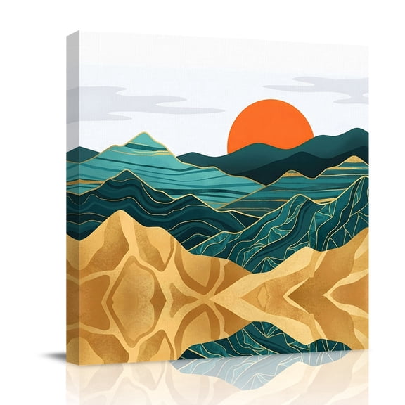 Canvas Wall Art Abstract Landscape Canvas Art Print Mountain Peaks Hills Sun Boho Pictures Wall Decor for Living Room Bedroom Artwork Decorations Stretched Framed Ready to Hang 10"x10"