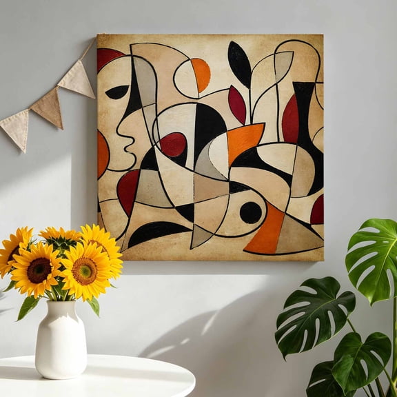 Canvas Wall Art Abstract Line Art Canvas Art Print Vintage Minimalist Tan Orange Black Color Block Pictures Wall Decor for Living Room Bedroom Artwork Decorations Stretched Framed Ready to Hang 8"x8"