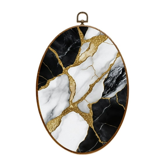 Canvas Wall Art Abstract Marbling Black White Marble Golden Veins Marble Veins Gold Oval Framed Canvas Prints Vintage Wall Hanging Decor for Home Office Decorations 8.6"x11.4"