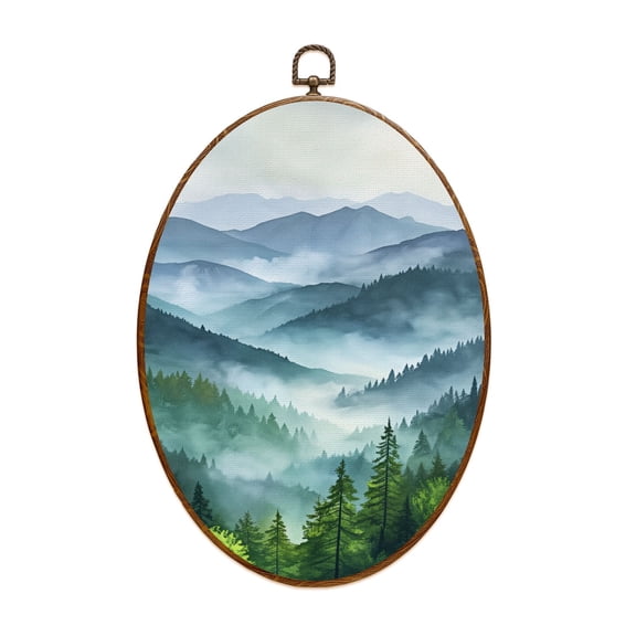Canvas Wall Art Abstract Mountain Nature Green Landscape Mountain Scene Mountain Oval Framed Canvas Prints Vintage Wall Hanging Decor for Home Office Decorations 8.6"x11.4"