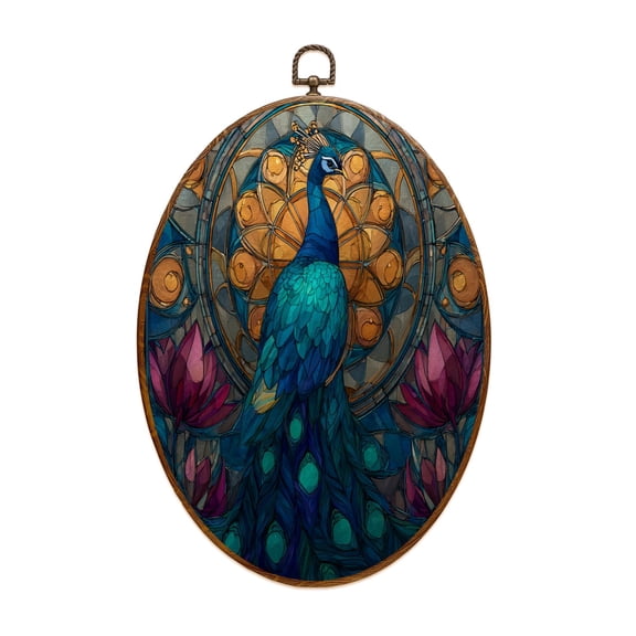 Canvas Wall Art Abstract Peacock Stained Glass texured Art Green Blue Purple Feathers Oval Framed Canvas Prints Vintage Wall Hanging Decor for Home Decorations 8.6"x11.4"