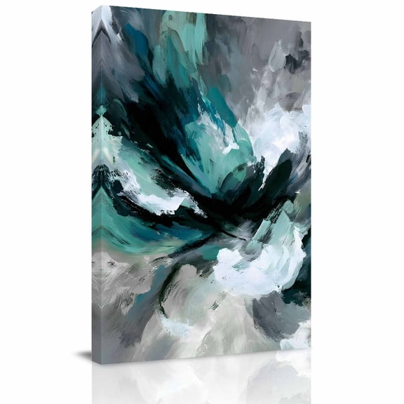 Canvas Wall Art, Abstract Teal Framed Canvas Prints for Bedroom Bathroom, Modern Geometric Grey Green Waves Gallery Wrapped Wall Decor for Home Office, Gifts, 11"x14" Ship Next Day