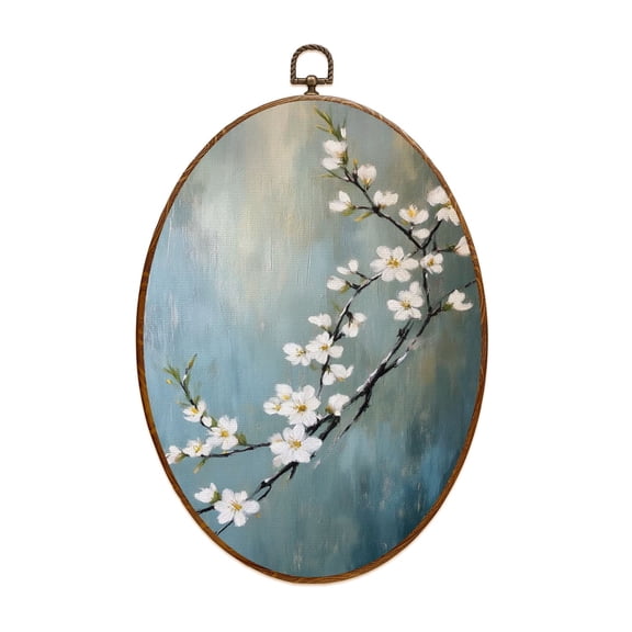 Canvas Wall Art Abstract Vintage Cherry Blossom Floral Blue Teal Cherry Blossom Branch Oval Framed Canvas Prints Cottagecore Wall Hanging Decor for Home Office Gift 8.6"x11.4"