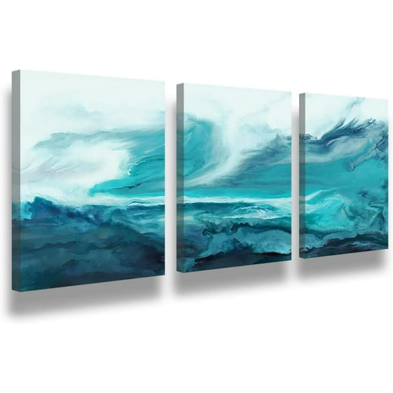 Canvas Wall Art, Abstract Watercolor, Home Decor, Modern Art, Living Room, Bedroom Decor, Office Murals, Bathroom Decor Wall Art, Kitchen Poster Art, Navy Sky Blue Picture Art 12x16 Inches/Set of 3