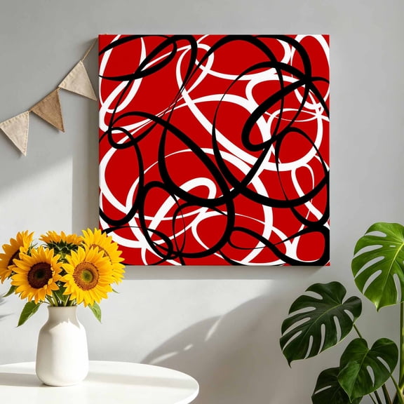 Canvas Wall Art Abstract Wave Line Canvas Art Print Black White Red Geometric Stripe Modern Pictures Wall Decor for Living Room Bedroom Artwork Decorations Stretched Framed Ready to Hang 8"x8"