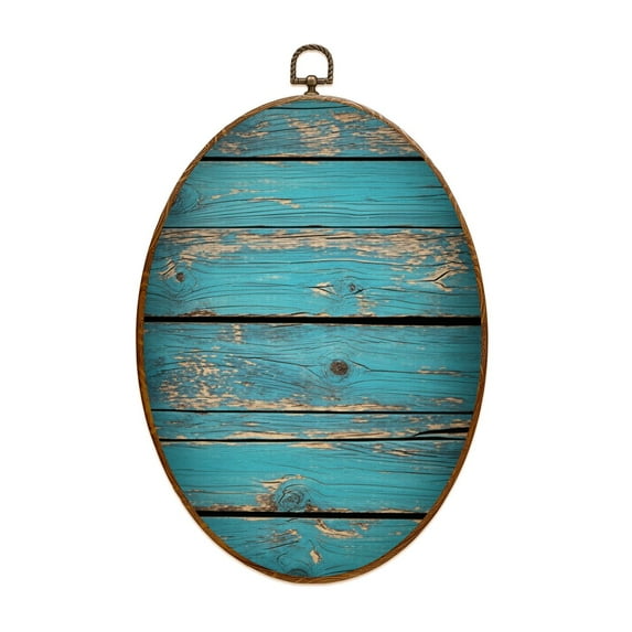 Canvas Wall Art Aged Wooden Planks Bold Blue Hue Contrasting Wood Grain Natural Oval Framed Canvas Prints Vintage Wall Hanging Decor for Home Office Decorations 8.6"x11.4"