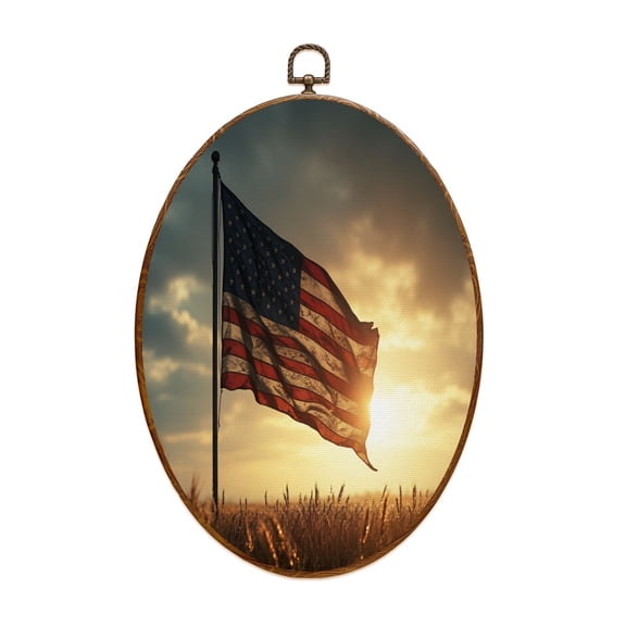 Canvas Wall Art American Flag Field Sunset Sky Independence Day Memorial Day Gift Oval Framed Canvas Prints Vintage Wall Hanging Decor for Home Decorations 8.6"x11.4"