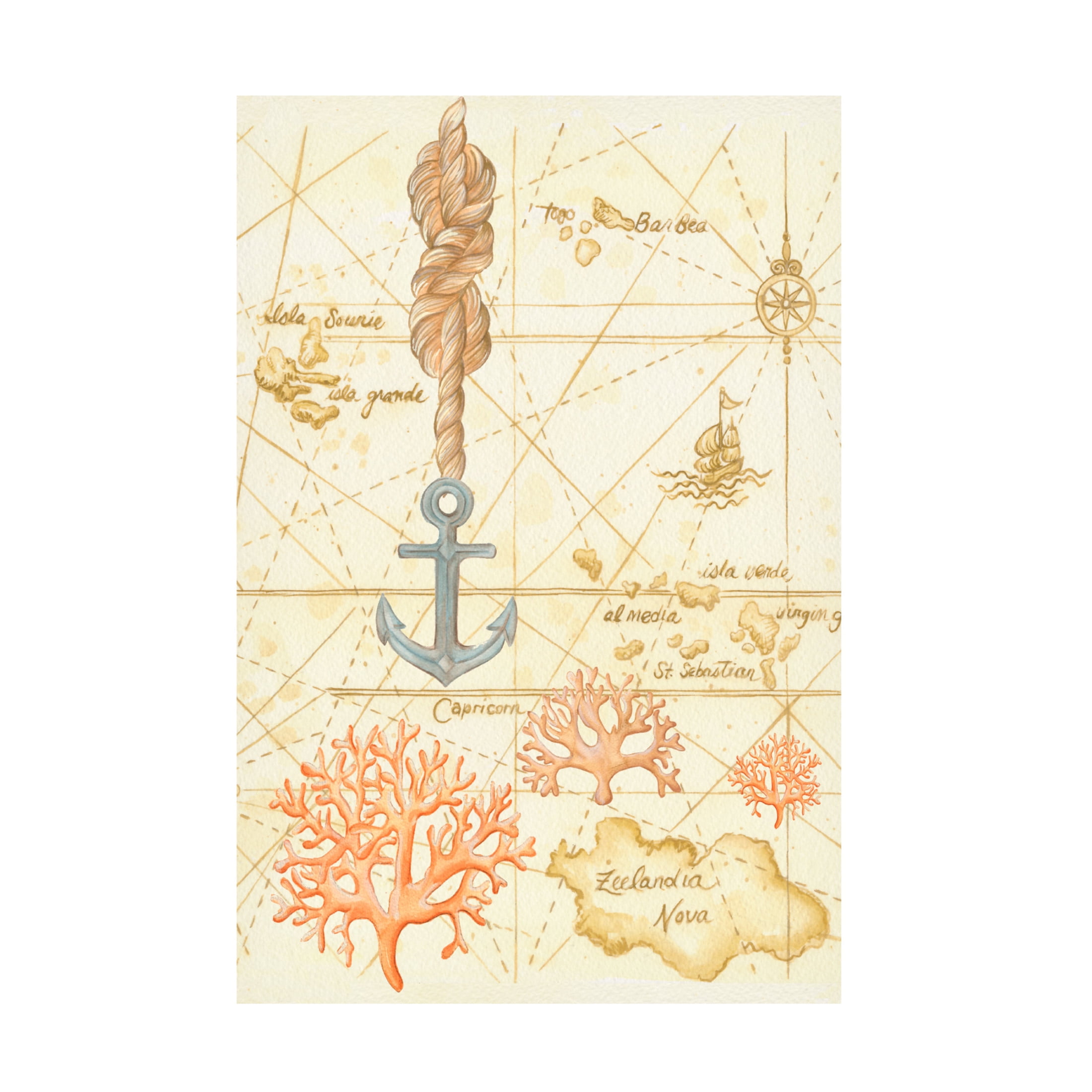 Canvas Wall Art - Andrea Strongwater 'Map W Anchor N Rope' Wall Art for Living Room, Bedroom, or Office Décor by Trademark Fine Art - 12 x 19 Inches