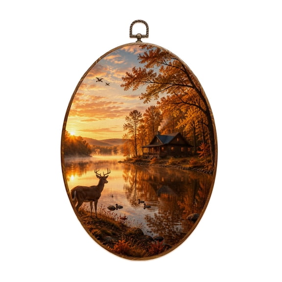 Canvas Wall Art Animal Deer Vintage Wildlife Rustic Duck Cabin Sunset Lake Realistic Oval Framed Canvas Prints Vintage Wall Hanging Decor for Home Decorations 8.6"x11.4"