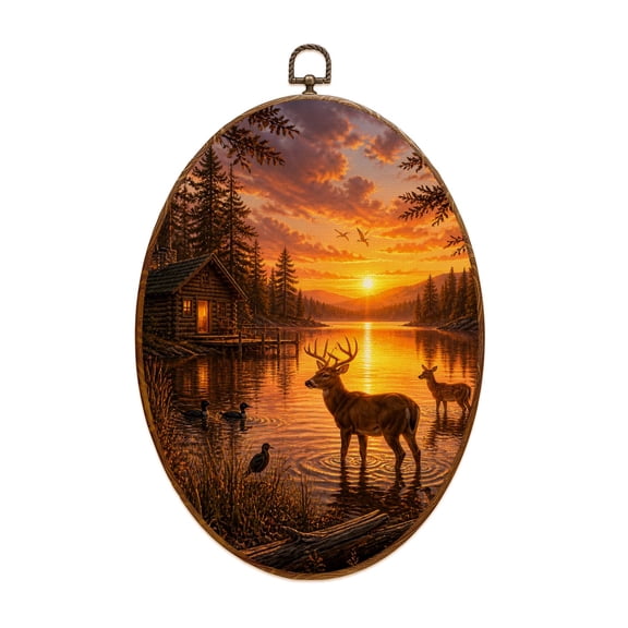 Canvas Wall Art Animal Deer Vintage Wildlife Rustic Lake Cabin Sunset Sky Trees Oval Framed Canvas Prints Vintage Wall Hanging Decor for Home Decorations 8.6"x11.4"