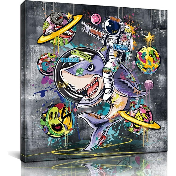 Canvas Wall Art Astronauts Graffiti Space Shark Picture Wall Art for Bathroom Bedroom Living Room