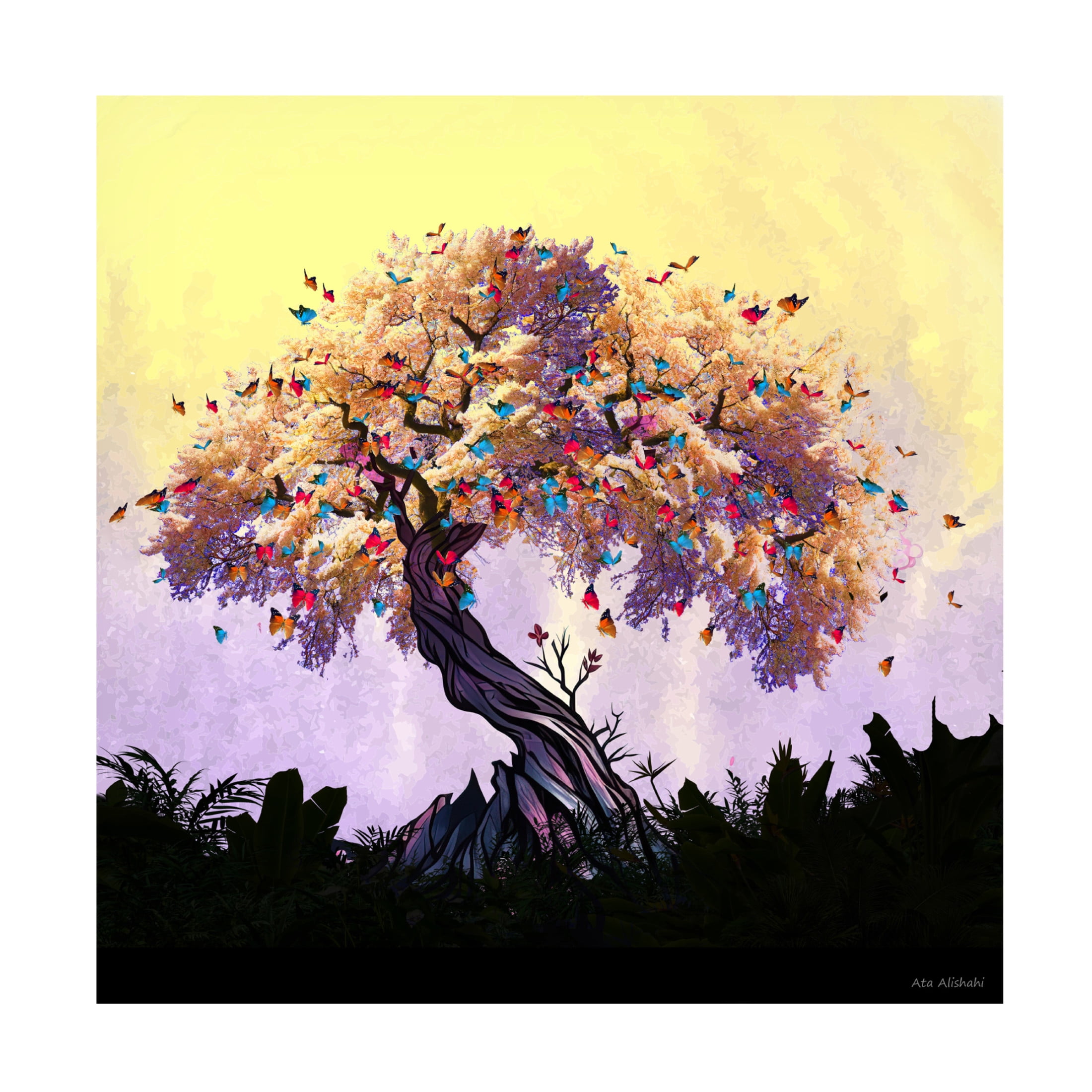 Canvas Wall Art - Ata Alishahi 'The Butterfly Tree' Wall Art for Living Room, Bedroom, or Office Décor by Trademark Fine Art - 35 x 35 Inches