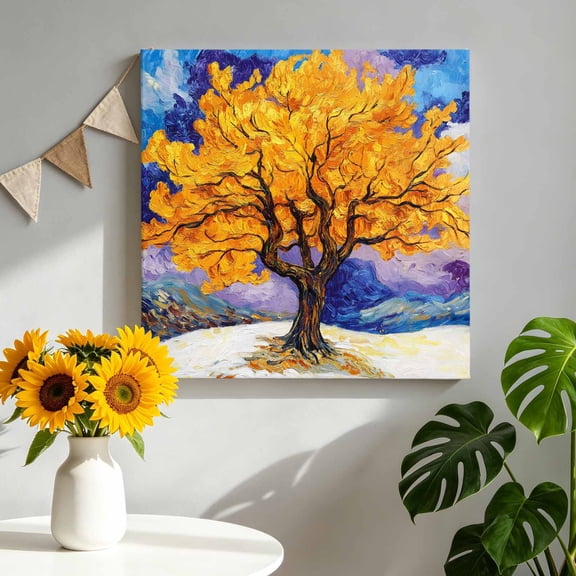 Canvas Wall Art Autumn Canvas Art Print Impressionist Yellow Tree Blue Swirling Clouds Oil Painting Pictures Wall Decor for Living Room Bedroom Artwork Stretched Framed Ready to Hang 8"x8"