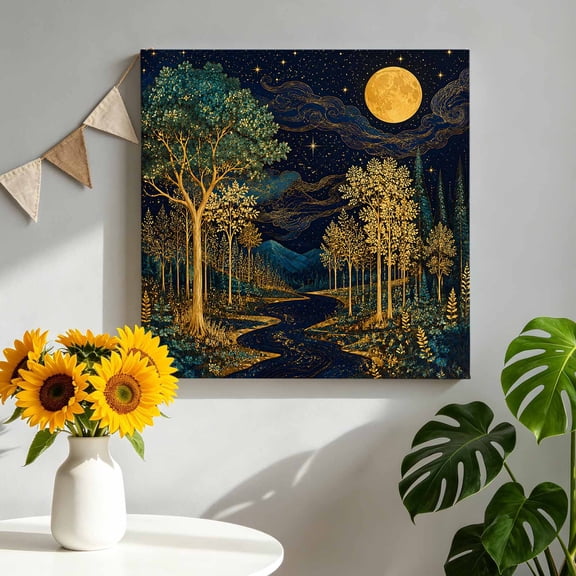 Canvas Wall Art Autumn Forest Canvas Art Print Rustic Gold Moon River Green Trees Blue Night Sky Pictures Wall Decor for Living Room Bedroom Artwork Decorations Stretched Framed Ready to Hang 8"x8"